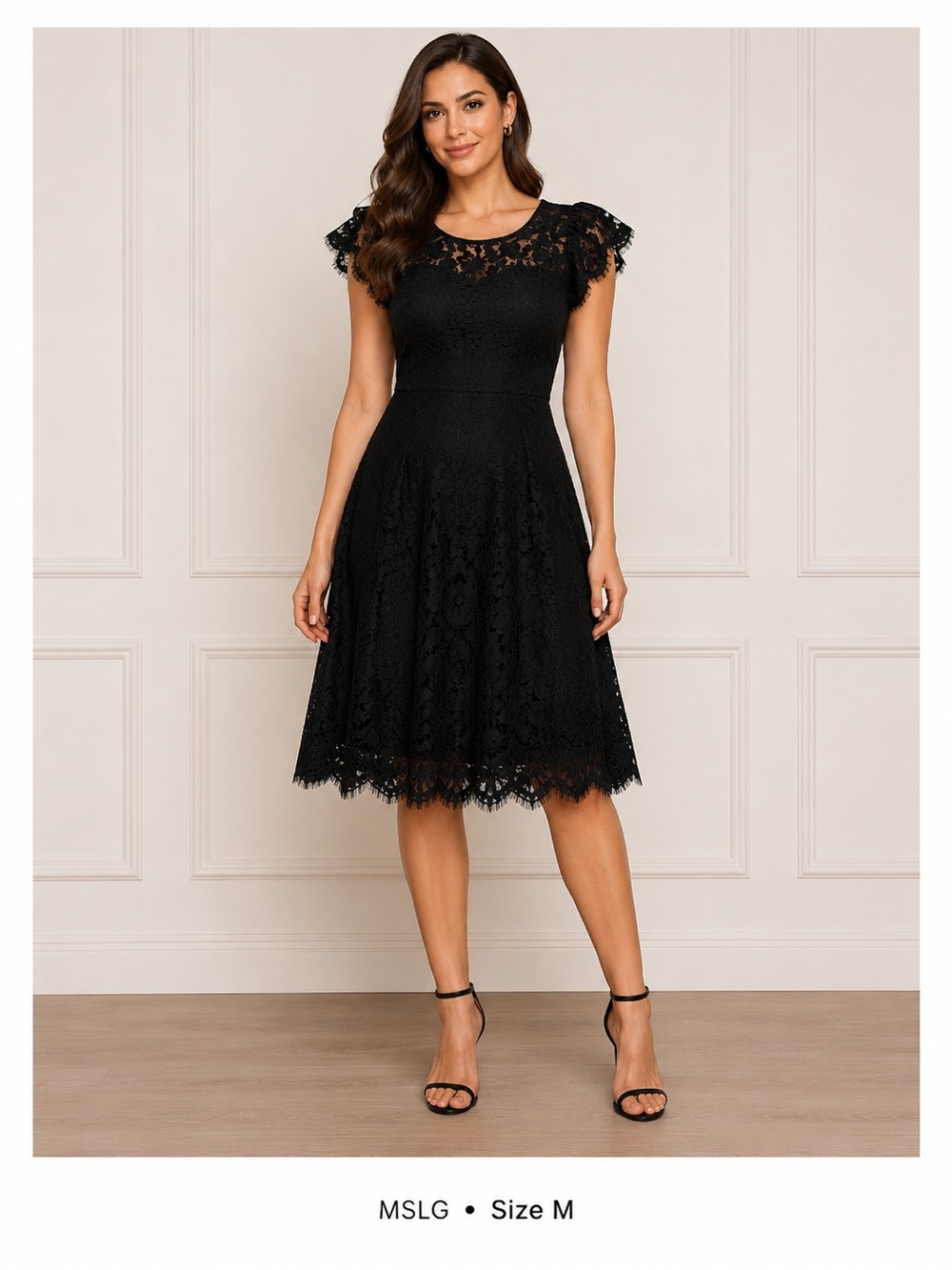MSLG Black Lace Cocktail Dress Size M Flutter Sleeve Fit Flare Midi Dress